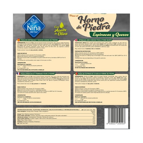 LA NIÑA DEL SUR Pizza de espinacas con un toque de ajo y queso hecha al horno de piedra 415 g.