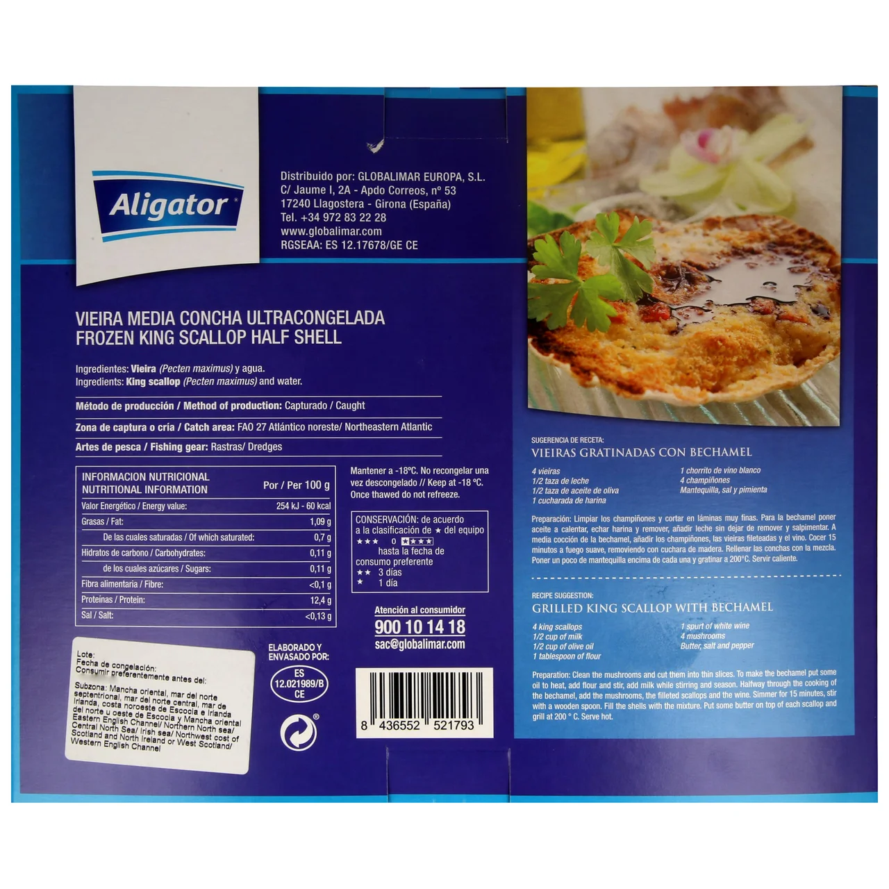 ALIGATOR Vieira con 1/2 concha ultracongelada ALIGATOR 4 uds.