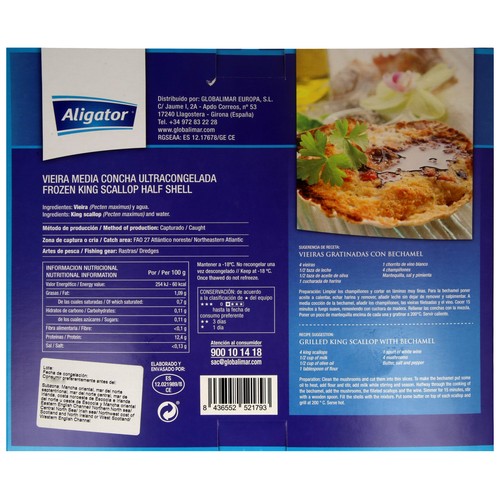 ALIGATOR Vieira con 1/2 concha ultracongelada ALIGATOR 4 uds.
