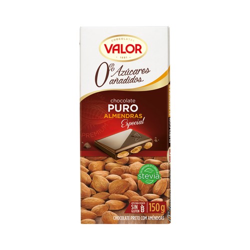 VALOR Chocolate puro con almendras sin azucares añadidos tableta de 150 g.