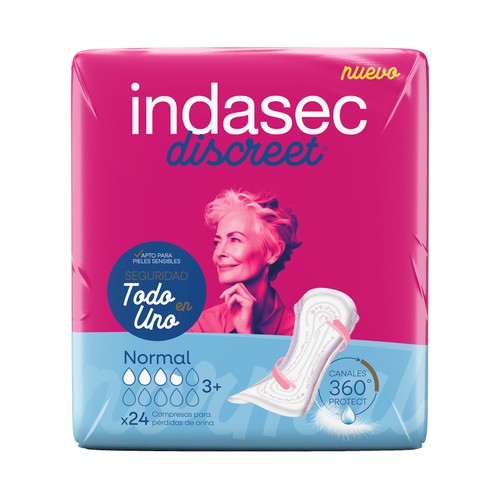 INDASEC Discreet Compresas incontinencia normal para pérdidas de orina leves a moderadas 24 uds.