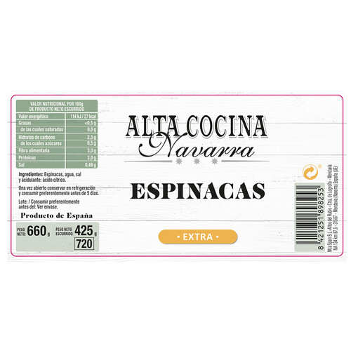 ALTA COCINA Espinacas al natural frasco de 425 g.
