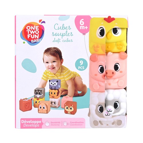 Cubos Blanditos Animales, 9 piezas juguetes para el desarrollo de la destreza y la coordinación +6 Meses ONE, TWO FUN Baby