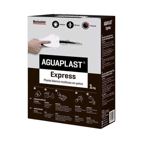 Plaste blanco en polvo, rápido endurecimiento, BEISSIER Aguaplast Express, 1Kg.