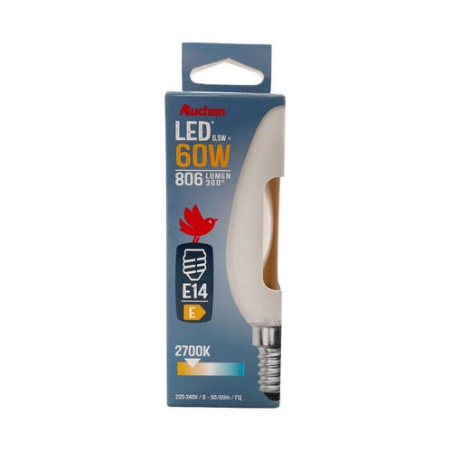 Bombilla Led E14 vela cálida de cristal mate 60W 806Lumen, AUCHAN