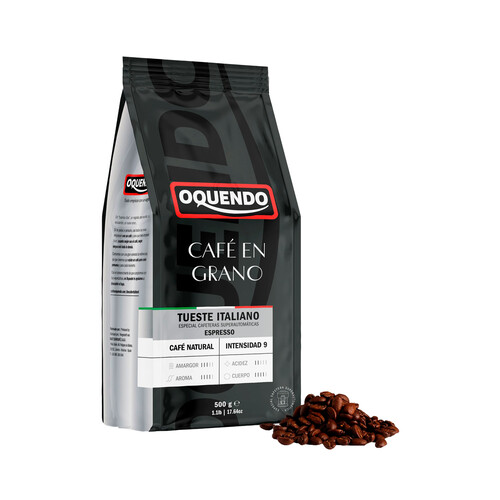 Café en grano expresso de tueste natural italiano, Intensidad 9 OQUENDO 500 g.