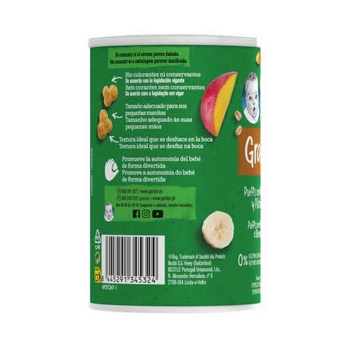 GERBER Organic Snacks (puffs) de cereales ecológicos, con mango y plátano, a paritr de 12 meses 35 g.