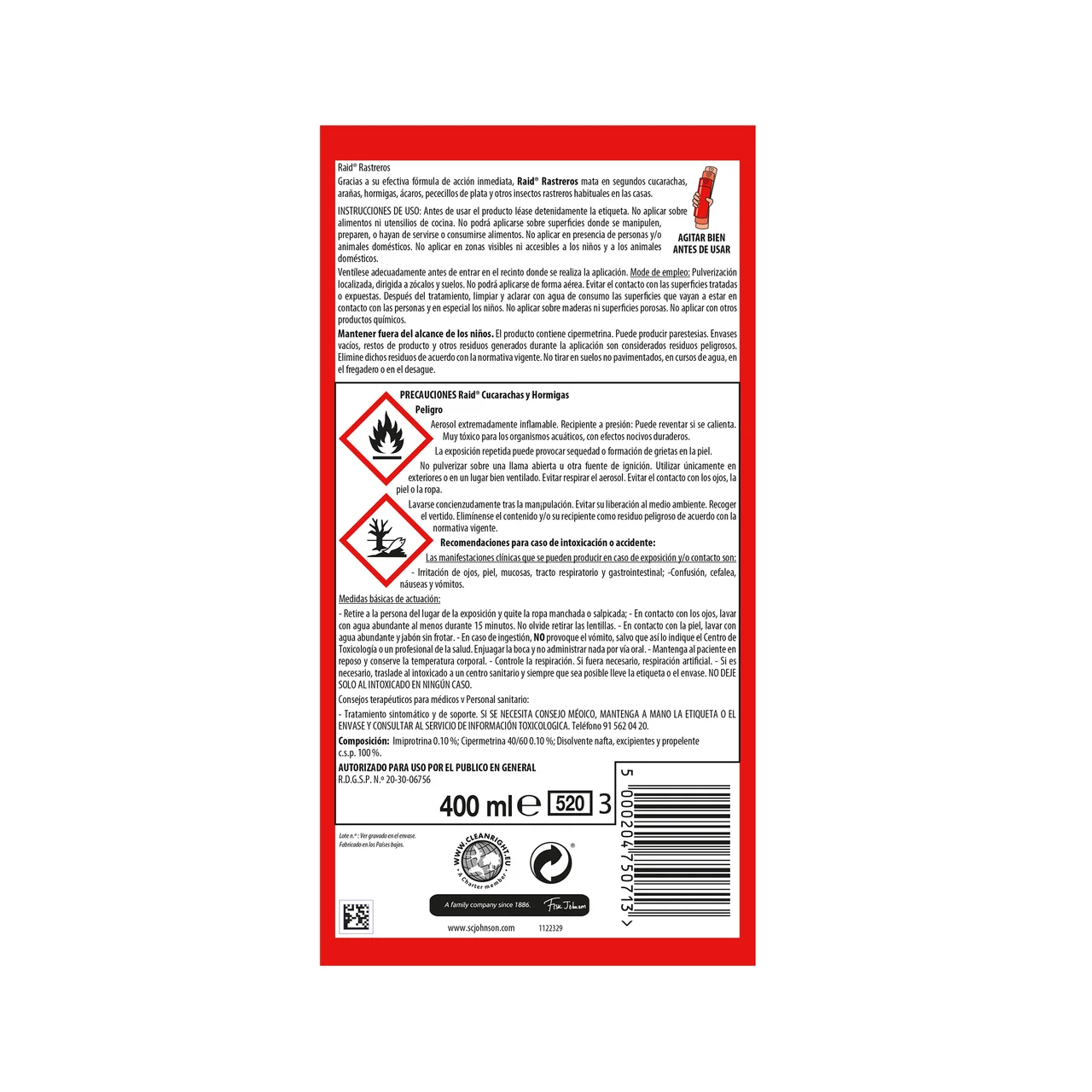Insecticida spray cucarachas, arañas, hormigas y otros insectos rastreros 400 ml.