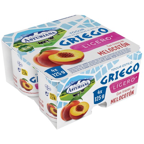 CENTRAL LECHERA ASTURIANA Yogur estilo griego ligero con trozos de melocotón 4 x 125 g.