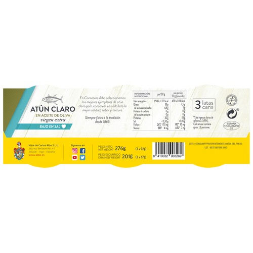 ALBO Atún claro en aceite oliva virgen extra, contenido reducido en sal lata 67 g. pack 3 uds.