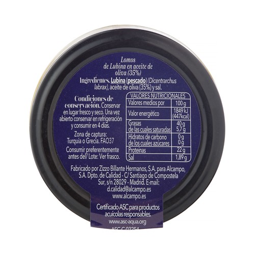 PRODUCTO ALCAMPO Collection Lomos de lubina ASC en aceite de oliva tarro 130 g.