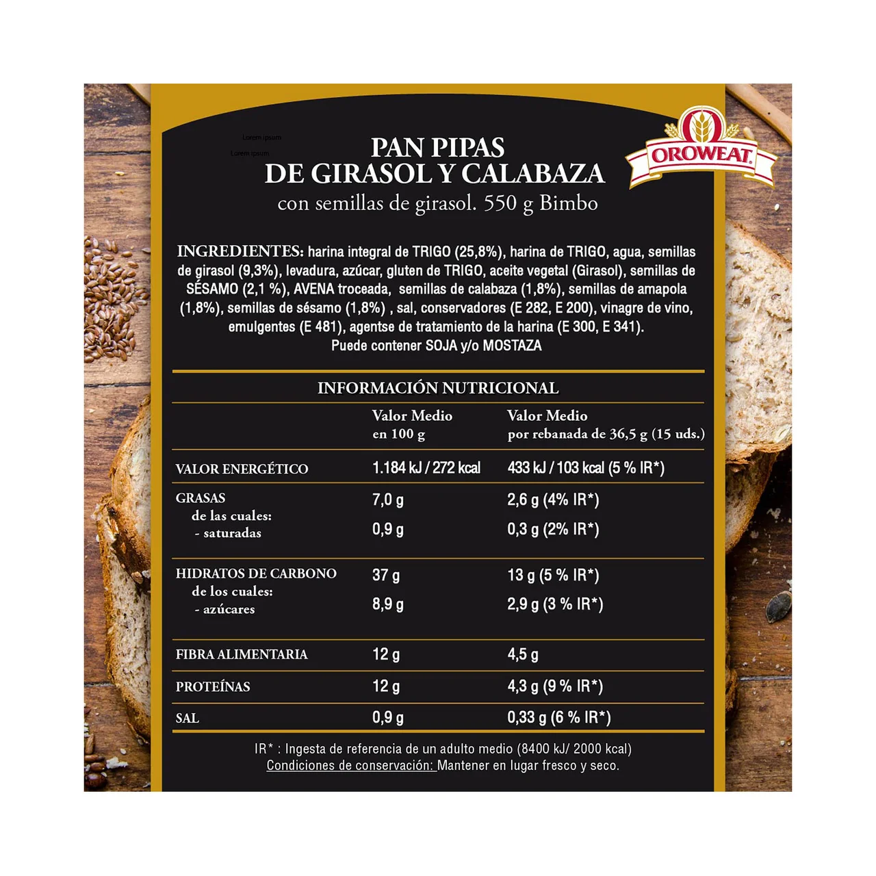 Pan de molde con pipas de girasol, calabaza y semillas de amapola 590 g.
