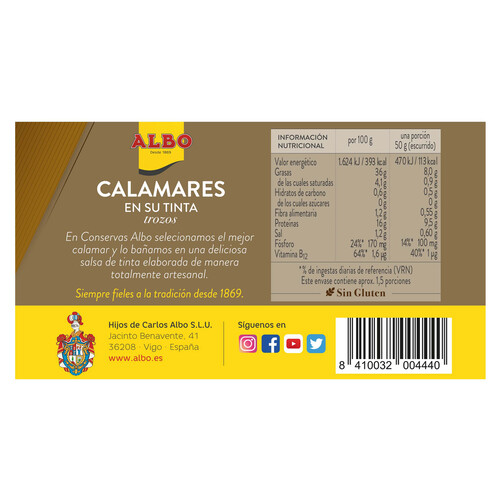 ALBO Calamares en su tinta en trozos ALBO lata de 72 g.