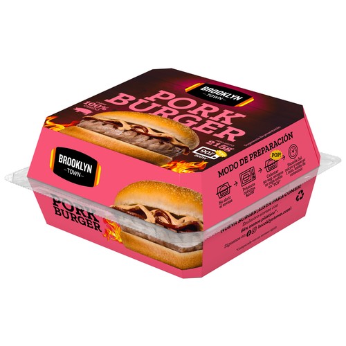 BROOKLYN TOWN Hamburguesa (100% carne de cerdo) con bacon y salsa smokey, lista para calentar y comer BROOKLYN TOWN 215 g.