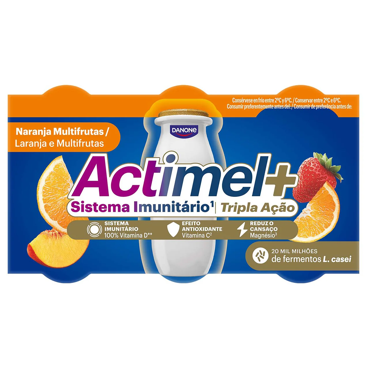 + de Danone Leche fermentada con Lcasei y sabor a melocotón, fresa, naranja y albaricoque 6 x 100 g.