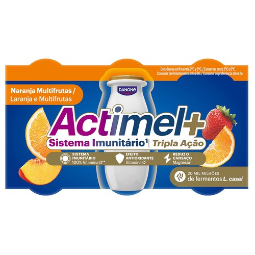 ACTIMEL + de Danone Leche fermentada con Lcasei y sabor a melocotón, fresa, naranja y albaricoque 6 x 100 g.