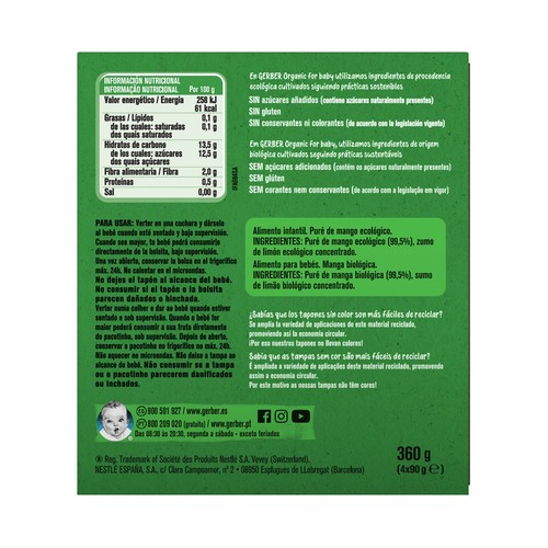 GERBER Organic Bolsitas de frutas (mango), a paritr de 6 meses 4 x 90 g.