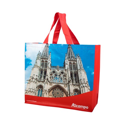 Bolsa grande de rafia reutilizable con diseño de la Catedral de Burgos, ALCAMPO.