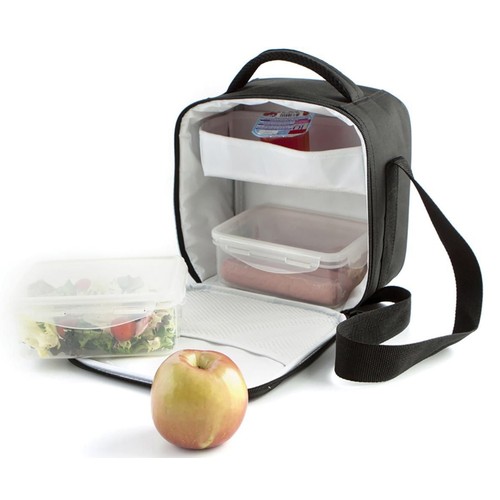 Bolsa porta alimentos color negro más 2 recipientes herméticos de plástico QUID