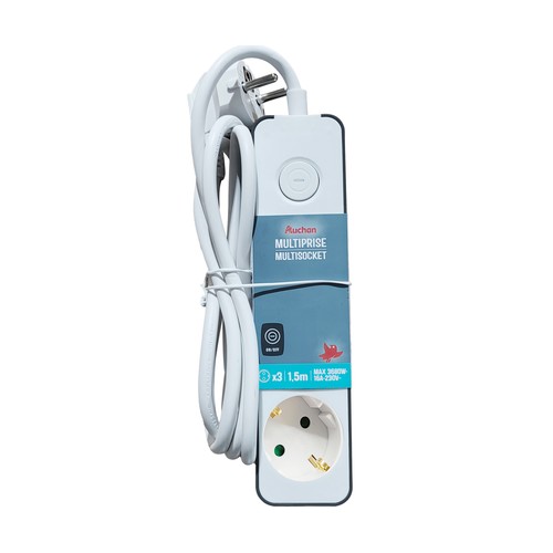 Alargador Schuko con 3 tomas, 1,5 metros, 3680W - 16A - 230V, AUCHAN.