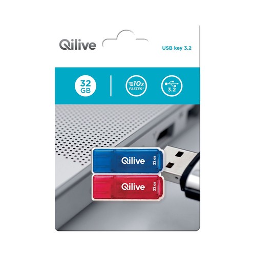 Memoria usb 32GB QILIVE, conexión 3.2, 2 unidades (rojo y azul).