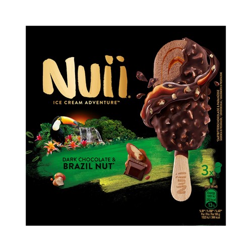 NUII Helado de chocolate y caramelo, recubierto de chocolate negro y trocitos de nueces de Brasil 3 x 90 ml.