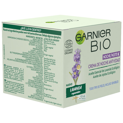 GARNIER Crema antiedad y regeneradora de noche para todo tipo de pieles, incluso sensibles GARNIER Bio 50 ml.