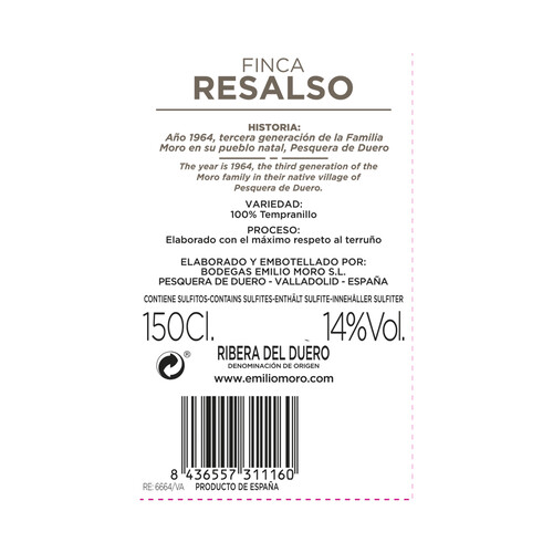 FINCA RESALSO  Vino tinto con D.O. Ribera del Duero FINCA RESALSO Magnum de 1.5 l.