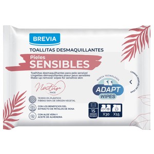 BREVIA Toallitas desmaquillantes con aloe vera y aceite de almendras, para pieles sensibles NATURFACE 15 uds.