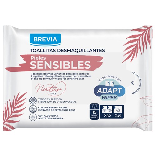 BREVIA Toallitas desmaquillantes con aloe vera y aceite de almendras, para pieles sensibles NATURFACE 15 uds.