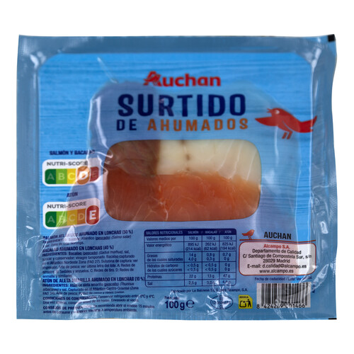 AUCHAN Surtido de ahumados (salmón, bacalao y atún de aleta amarilla ahumados) 100 g. Producto Alcampo