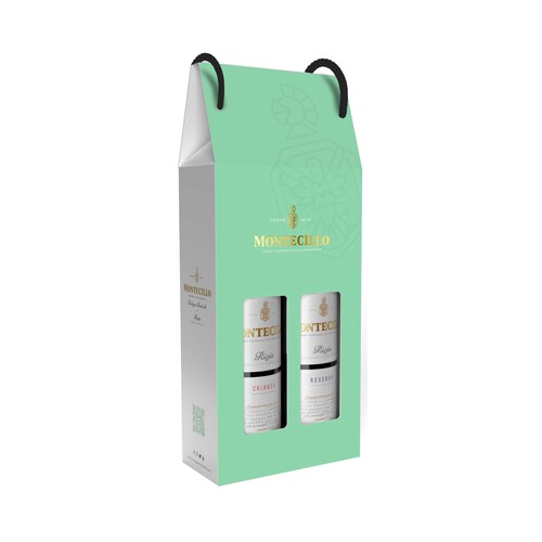 Estuche con vino tinto reserva y vino tinto crianza con denominación de origen calificada Rioja MONTECILLO.