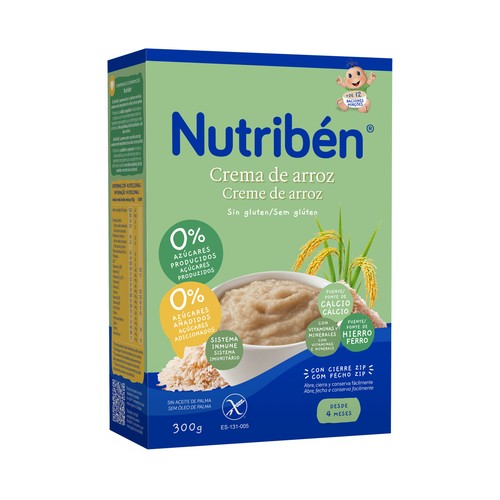 NUTRIBÉN Papilla en polvo de crema de arroz, a partir de 4 meses 300 g.
