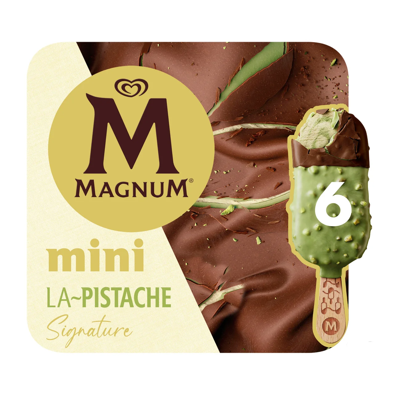 MAGNUM La pistache signature Mini helado de pistacho cubierto de chocolate con leche y pistachos caramelizados 6 x 55 ml.