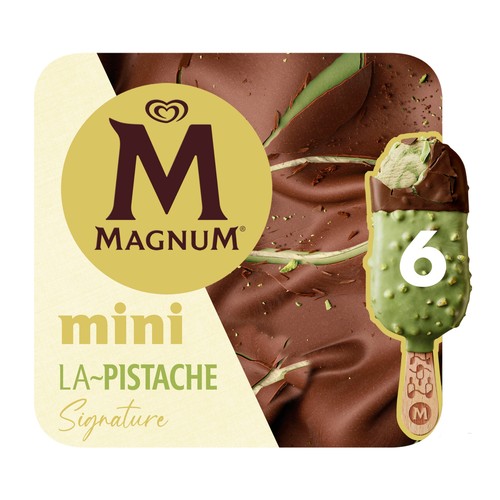 MAGNUM La pistache signature Mini helado de pistacho cubierto de chocolate con leche y pistachos caramelizados 6 x 55 ml.