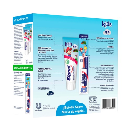 SIGNAL Super Mario - Kit cuidado bucal con 2 pastas y un cepillo de dientes infantil (0 - 6 años).