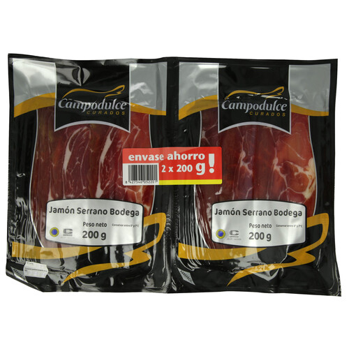 Jamón serrano de bodega, cortado en lonchas CAMPODULCE 2 x 200 g.
