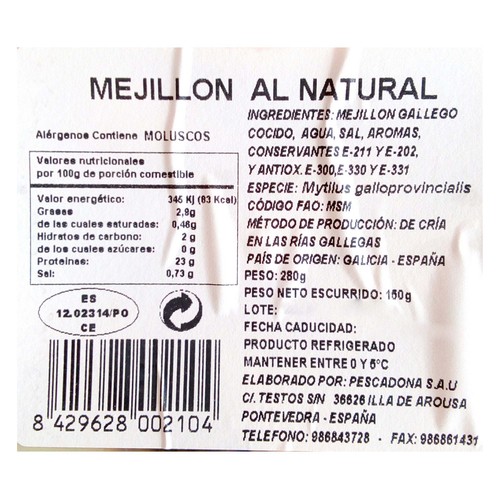 PESCADONA Mejillón cocido al natural PESCADONA bandeja 150 gr.