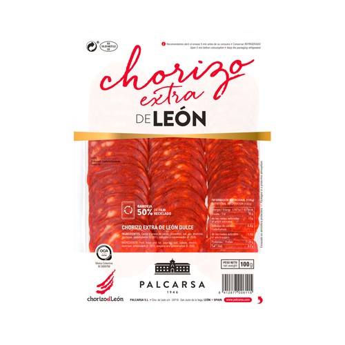 PALCARSA Chorizo de León extra, ahumado y dulce, cortado en lonchas 100 g.