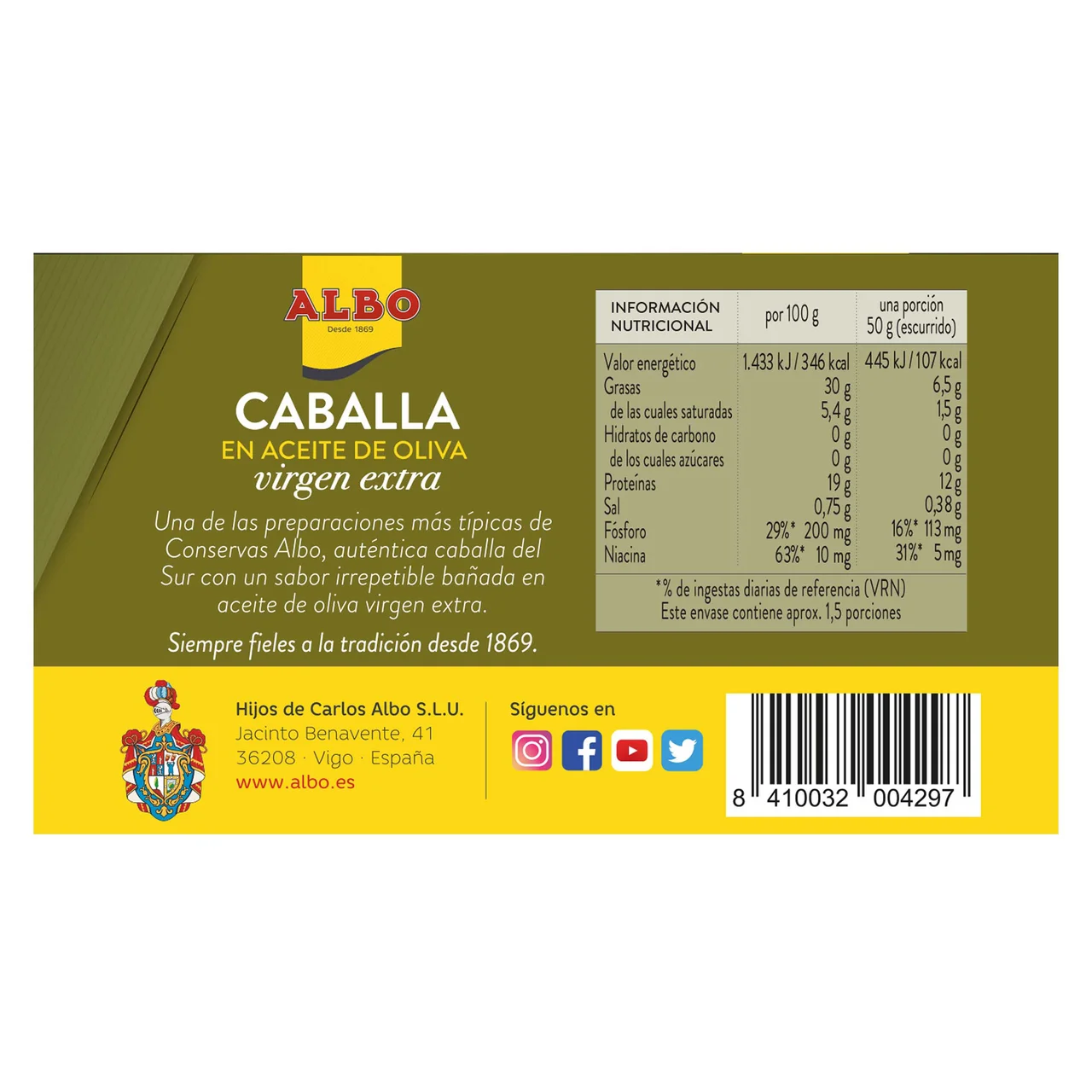 Caballa del sur en aceite de oliva virgen extra en filetes lata de 85 g.