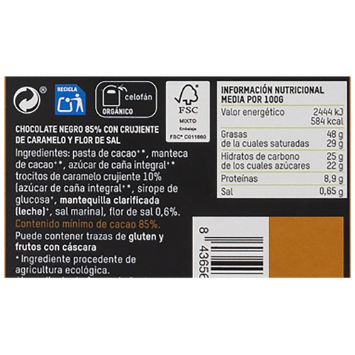 TIERRA MADRE Tableta de chocolate negro 85% con caramelo y flor de sal Bio 100g.