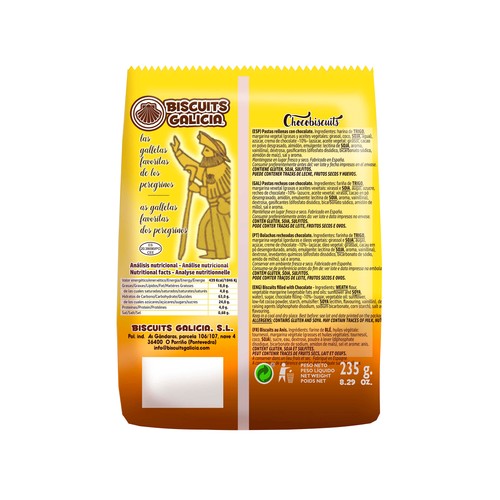 BISCUITS GALICIA Chocobiscuits Pastas rellenas de chocolate 235 g.