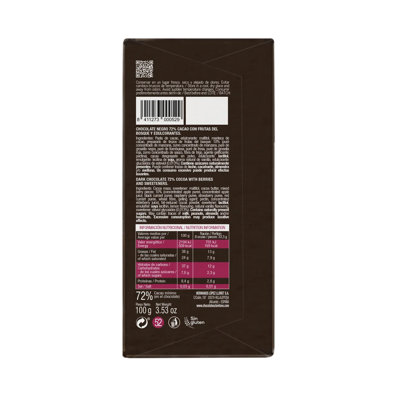 Chocolate negro extrafino 72% cacao y frutas del bosque con stevia 100 g.