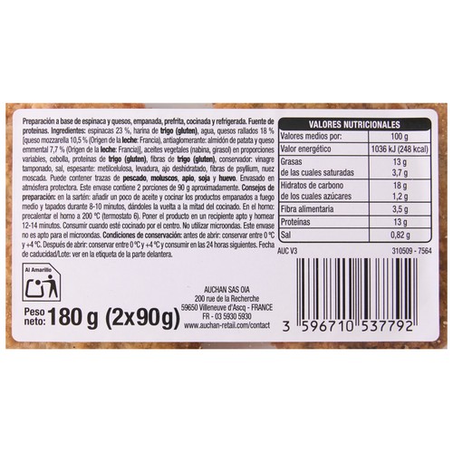 AUCHAN Very Veggie Delicias vegetales empanadas de espinacas y queso 180 g Producto Alcampo.