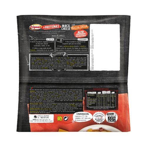 FRIPOZO Macarrones con queso con alto contenido en proteinas y sabor bacon cream 300 g.