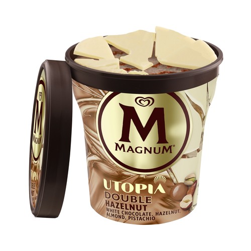 MAGNUM Utopia doble hazelnut de Frigo Tarrina helado de avellana, almendra y caramelo recubierto de chocolate blanco 440 ml.