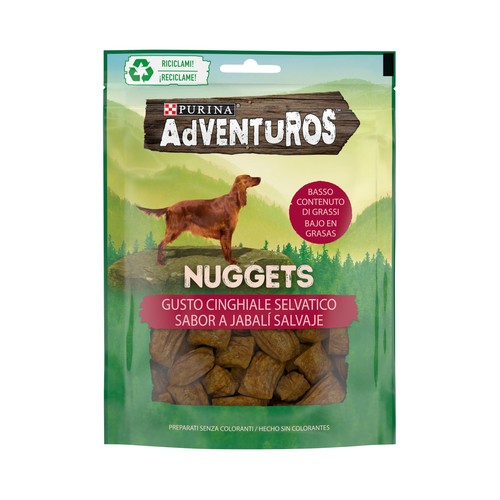 PURINA Adventuros Snacks para perros con sabor a jabalí, ricos en carne y bajos en grasas 90 g.