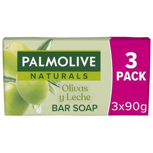 PALMOLIVE  Naturals Jabón hidratante en pastilla, enriquecido con extracto de oliva y leche 3 x 90 g.