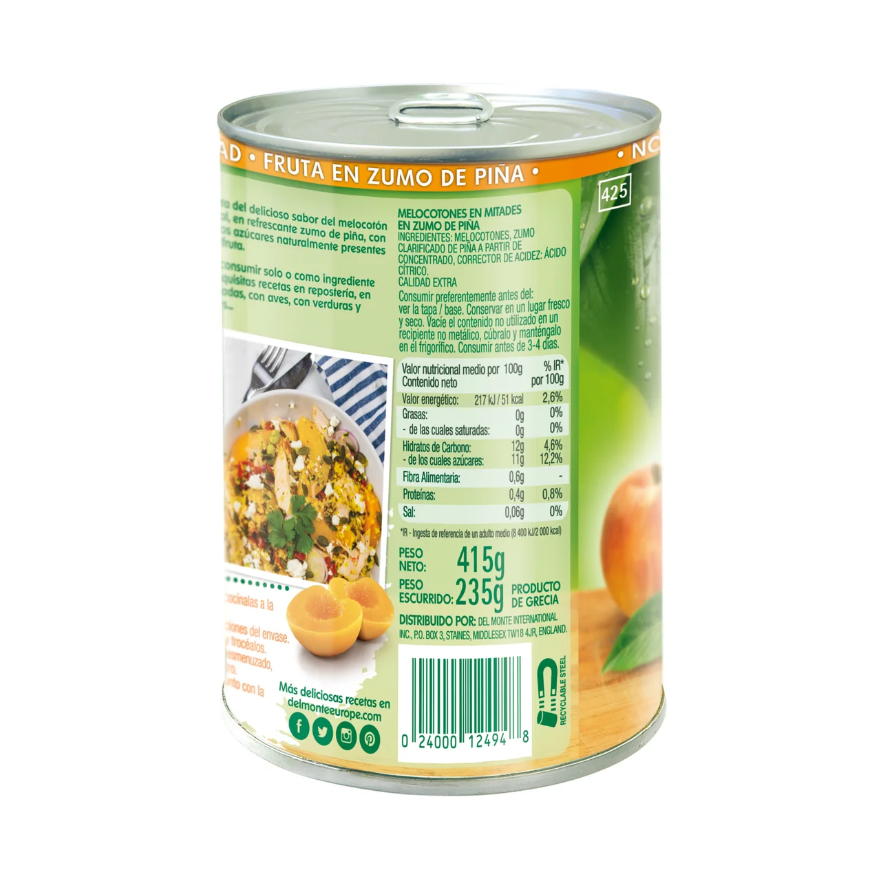 Melocotón en mitades en zumo de piña lata 235 g.