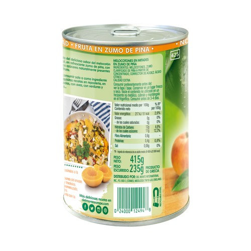 DEL MONTE Melocotón en mitades en zumo de piña lata 235 g.